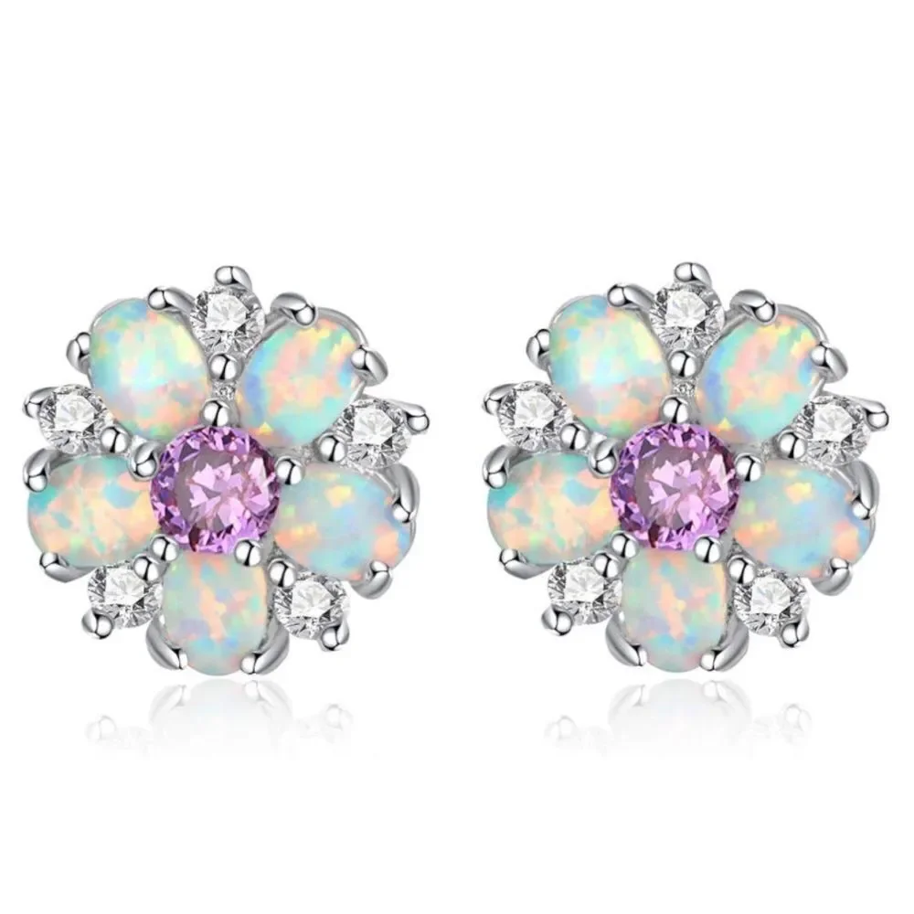 .925 Sterling Silver with White Fire Opal and Amethyst Flower Stud Earrings